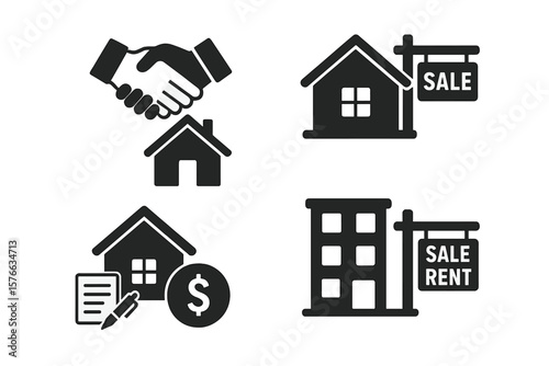 Real estate icon set. House for sale sign. Apartment for rent symbol. Property investment. Home loan mortgage. Realtor handshake deal. Buy sell agreement. Vector concept.
