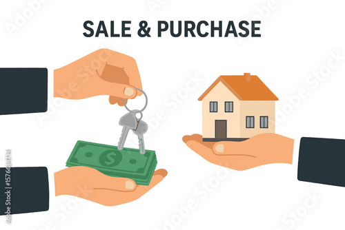 Real estate transaction concept. Buying a house, sale and purchase agreement. Hand of realtor gives keys to owner. Mortgage loan for property. Investment in new home or apartment.