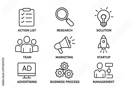 Business solution icon set. Web, mobile app. Action list. Research. Solution. Team. Marketing. Startup. Advertising. Business process. Management. Thin line vector signs.