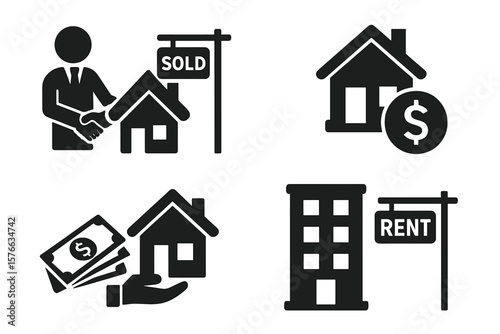 Real estate icon set. Buying selling and renting house. Property investment and mortgage loan. Home sale deal. Agent broker symbol. Apartment rent sign vector illustration.