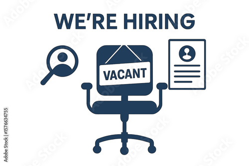 We are hiring concept. Business hiring and recruiting. Vacant position with empty office chair. Job opportunity. Human resources. Staffing, employment, career. Search for candidate.