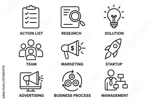 Business solutions icons set for web and mobile apps: action list, research, solution, team, marketing, startup, advertising, business process, management. Vector art.