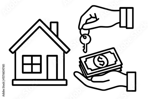 Buying a house concept. Real estate transaction. Hand giving money for home key. Property investment and mortgage. Homeowner, sale, purchase, deal. Finance vector icon.
