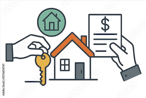 Buying a house concept. Real estate transaction with hands, key, and contract. Mortgage, investment, and property ownership illustration. Home loan and sale agreement vector.