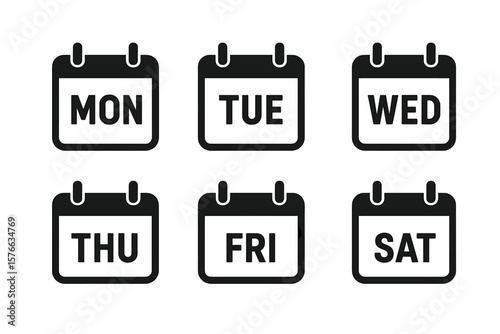 Calendar icon set with days of the week. Mon, Tue, Wed, Thu, Fri, Sat. Daily schedule and planner symbol collection. Agenda, date, event, reminder sign. Flat vector design.