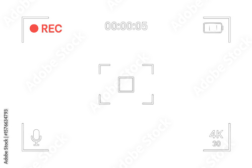 Camera screen recording viewfinder. Digital video camera interface with record sign, timer, battery and microphone icon. Camcorder display frame overlay. 4K vector template.