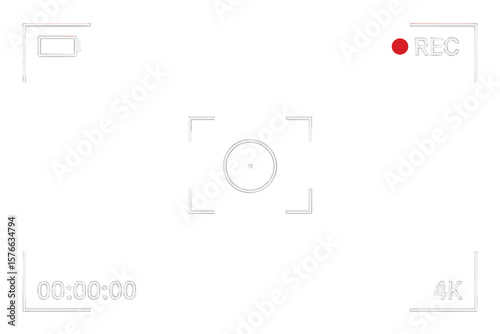 Camera screen template. Video recording interface. Digital viewfinder frame overlay. 4K camcorder display with REC icon, timer and battery status. Vector monitoring screen.