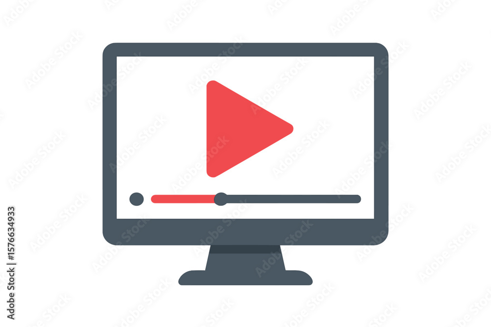 Computer monitor with video player interface on screen. Vector concept for streaming, online movie, tutorial, webinar, or digital media content. Play button symbol. Computer monitor with video player interface on screen. Vector concept for streaming, online movie, tutorial, webinar, or digital media content. Play button symbol.