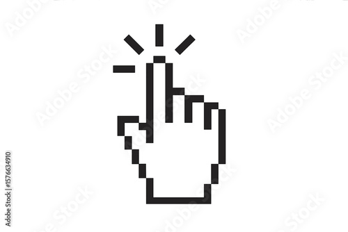 Pixel art hand cursor icon clicking a button. Computer mouse pointer symbol for web design or user interface. Retro 8-bit style finger press gesture. Digital link select.