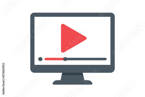 Computer monitor with video player interface on screen. Vector concept for streaming, online movie, tutorial, webinar, or digital media content. Play button symbol.