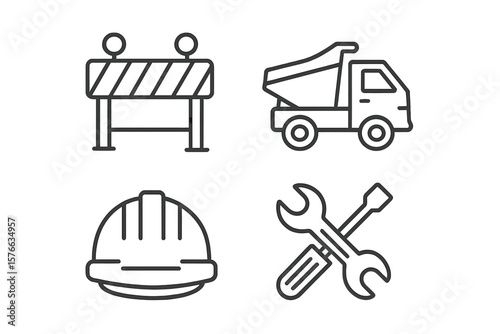 Construction linear icons set. Building industry symbols. Road work, repair tools, safety helmet, dump truck. Thin line pictograms. Editable stroke. Vector illustration.