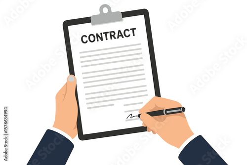 Businessman hand signing a contract on a clipboard. Business agreement, legal document signature. Making a deal, partnership concept. Official paperwork and commitment vector.