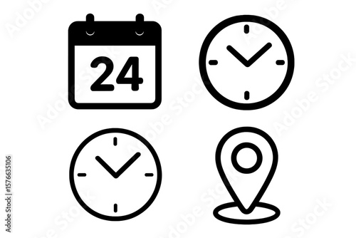 Date time location icon set. Calendar schedule appointment day symbol. Clock time watch minute sign. Map pin pointer gps navigation place address pictogram for ui ux web.