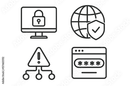 Cyber security line icon set. Internet data protection, secure global network, password authentication, vulnerability alert. Web mobile app UI UX pictogram vector symbol.