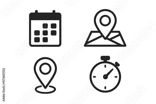 Date time location icon set. Calendar, map pin, address, and timer symbols. Vector glyph pictogram collection for web, app, UI, UX design. Event schedule appointment concept.