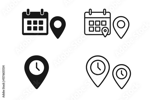 Date, time, location pointer icons in different styles, calendar map place address timer symbols, vector illustration transparent background, set of 4 navigation scheduling icons