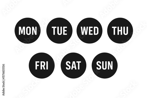 Days of the week icons set. Weekly calendar vector badges with day abbreviations. Modern vector illustration on transparent background for planners and schedules.