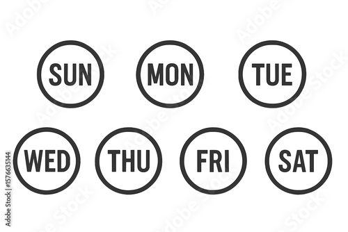 Minimalist Days of the Week Icons Set. Modern Circular Weekday Badges. Simple Bold Typography Calendar Symbols. Vector Illustration for Planner, Schedule, Organizer, Transparent Background