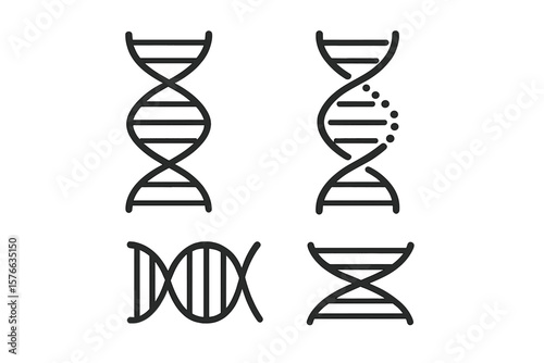 DNA icon collection vector set. Line art symbols of helix, gene, genetic engineering. Biology, science, medicine, technology concept. Molecular research, chromosome logo set.