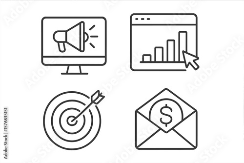Digital marketing icons set, 4 line style web icons: megaphone, analytics chart, target with arrow, money envelope, vector illustration on transparent background