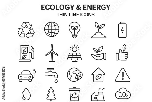 Ecology and Energy Thin Line Icon Collection, Vector Illustration Set, Environmental Sustainability Symbols, Renewable Power, Green Technology, Transparent Background