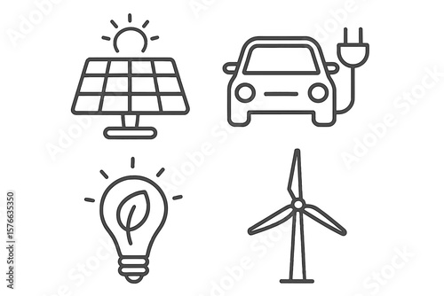 Green energy and renewable resources icon set. Solar panel, electric car, wind turbine, eco lightbulb line icons. Sustainable technology vector illustration collection.