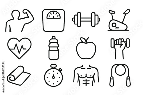 Gym and fitness line icon set for web and mobile app. Healthy lifestyle, exercise, diet, nutrition, weight training, body care, workout, cardio vector illustration.