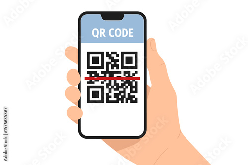 Hand holding smartphone scanning a QR code. Mobile phone camera with reader app for contactless payment, online shopping or access. Digital cashless transaction concept vector.