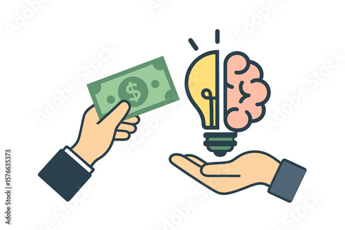 Hand holds money to buy a business idea. Light bulb and brain symbol for innovation. Ideas exchange, financial success, dividend, and investing in intellectual property.