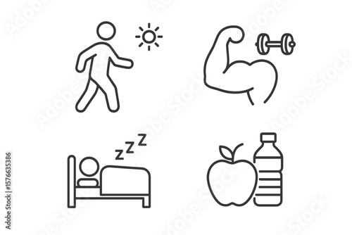 Healthy lifestyle line icon set. Fitness, diet, sleep, and exercise concepts. Icons for gym, workout, nutrition, walking, and rest. Vector symbols for web and mobile app UI.