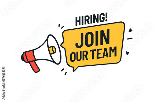 Hiring announcement, join our team message. Job vacancy poster template. Megaphone with speech bubble. Recruitment concept for new employees. Vector illustration for business.