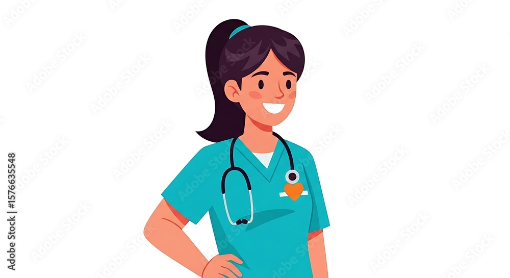 Fototapeta premium Flat cartoon female doctor smiling while holding a stethoscope, healthcare concept.