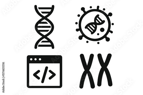 Genetics and medical symbols icon set. DNA helix structure, chromosome, virus cell, and bio code. Genetic engineering, bioinformatics, and biotechnology vector concept.