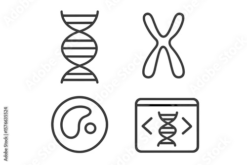 Genetics and biology line icon set. DNA structure, chromosome, cell, bioinformatics symbol. Medical science, genetic engineering, biotechnology, and genome research concept vector.
