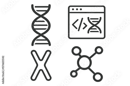 DNA helix, chromosome, and molecule science icon set. Genetic engineering and bioinformatics concept. Biology, chemistry, and medical research vector symbols for design.