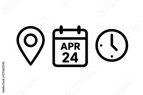 Time, date, and location vector icon set. Calendar, clock, and map pin symbols for event planning, appointment scheduling, meeting reminders, and project deadlines. Simple.