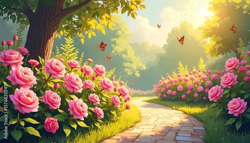 Walking Path Through Pink Rose Garden with Butterflies and Sunlight