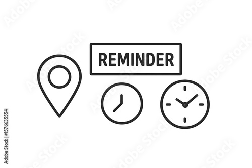 Location pin, clock, and reminder icons. Time management and appointment scheduling concept. Event notification or deadline alert symbol. Vector illustration for planning.