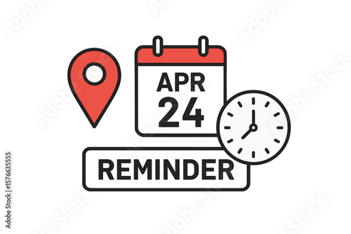 Reminder icon for event, appointment, and deadline. Schedule planning concept with date on calendar, time on clock, and location pin. Vector illustration isolated.