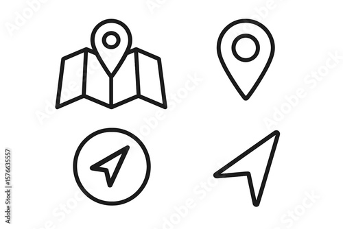Vector GPS pin, route pointer, and destination marker icons for web and mobile app UI/UX design. Simple line art symbol collection on transparent background.