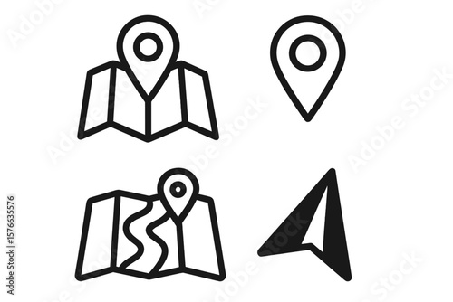 Map location and navigation line icon set for web and mobile app. GPS pointer, destination pin, route direction symbol. Vector graphic element for UI UX design on background.