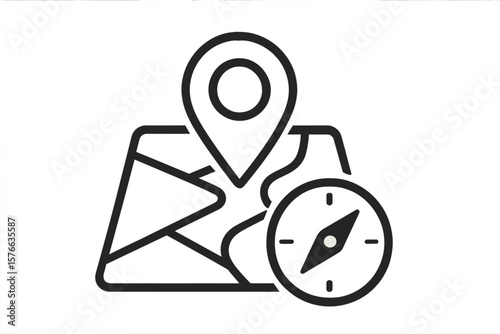 Map pin pointer and compass icon for GPS navigation and location tracking. Vector for travel, route finding, destination discovery, and journey direction guidance concept.
