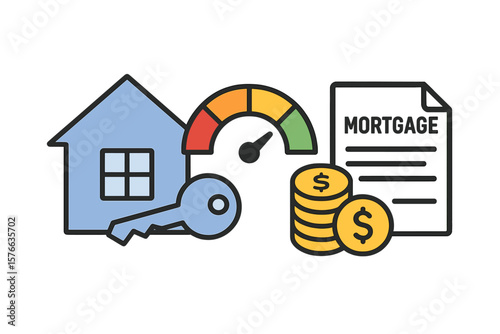 Mortgage Approval Process Concept. Home Loan, Credit Score, Property Purchase, Financial Agreement, Real Estate Investment, Banking, Money, Key, Mortgage Document, Vector Illustration