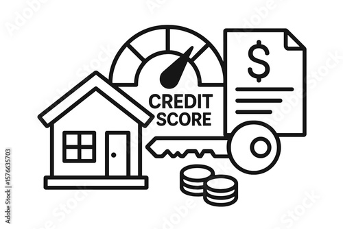 Mortgage Approval, Credit Score, Home Loan, Real Estate Investment, Property Purchase, Financial Document, Money, Key, House Ownership, Vector Illustration, Transparent Background