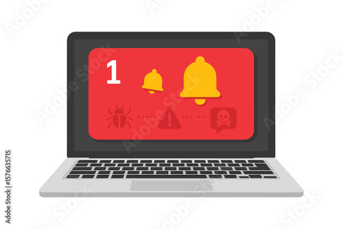 Laptop Notification Alert. Unread Message Bubble. Virus Warning, Security Error, Danger Alert, Malware Threat, Notification Bell Icon, Computer Insecurity, Cyber Risk Concept