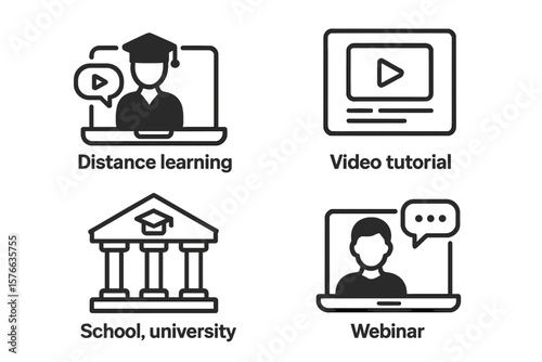 Online Education Icons Set for Web and Mobile App, Distance Learning, Video Tutorials, Online Lectures, School and University Webinars, E-Learning Vector Illustration on Transparent Background