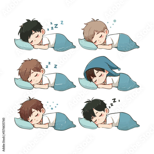 Chibi Boys Sleeping in Blanket – Vector Collection on White Background