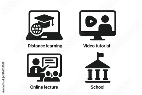 Online Education Icons for Web and Mobile App, Distance Learning Symbols, Video Tutorial, Online Lecture, School and University Education, Webinar Vector Illustration Transparent