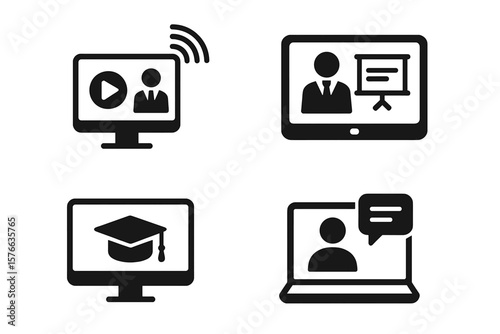 Online education icons set for web and mobile app design, distance learning symbols, video tutorials, online lectures, school, university, webinar vector illustration transparent background