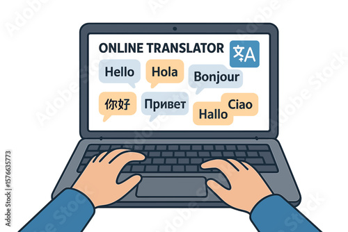Online multi language translator app interface on laptop. Hello in different languages speech bubbles. Real time translation, synchronic translation services, multilingual communication